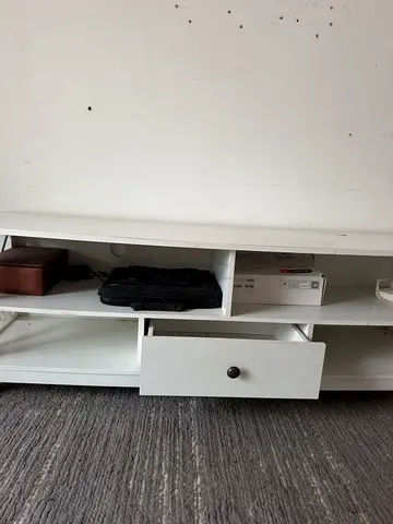 TV Table - White Narrow Storage Cabinet with Drawer and Open Shelves