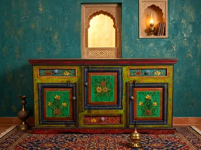 Hand-painted Wooden Sideboard / Console Cabinet with Floral Motif