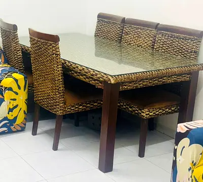 Wicker Rattan 5-Seater Dining Table with Glass Top and Chairs