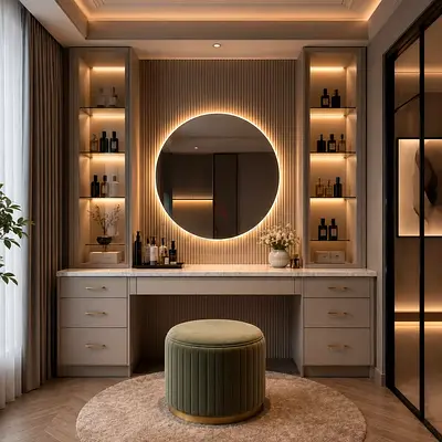 Modern vanity dressing table with round mirror and storage