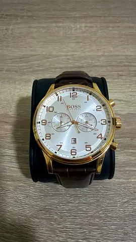 Hugo Boss men's gold-tone chronograph watch with brown leather strap with Box