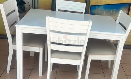 White Wooden 4-Seater Dining Table with Chairs - Good Condition