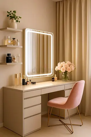Modern Vanity Desk with LED Mirror and Pink Chair