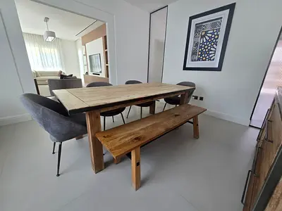 Industrial/Rustic Wood Dining Table (HomesRus), Chair Set (West Elm) and Bench (Crate&Barrel)