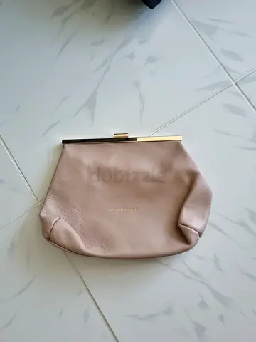 Light pink leather clutch / cosmetic pouch with gold frame