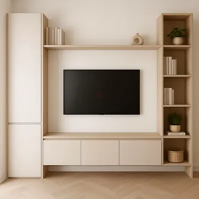 Modern beige wall-mounted entertainment unit with shelving