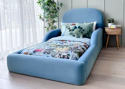 Customised Blue Upholstered Kids Bed with Headboard