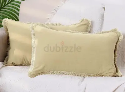 2 Pcs Cotton Decorative Throw Pillow Cover with Tassel Trim 12 x 20 Inch Beige