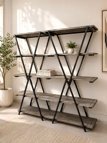 Large Industrial Wood & Metal Display Bookcase