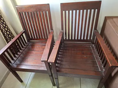 Pair of Solid Wood Slatted Armchairs - Dark Brown, Good Used Condition