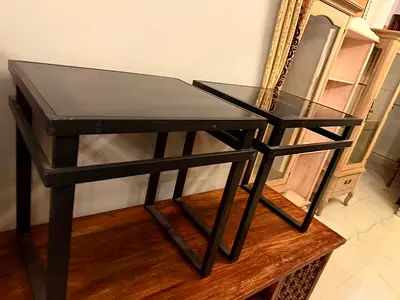 Pair of Black Metal Side Tables with Glass Tops
