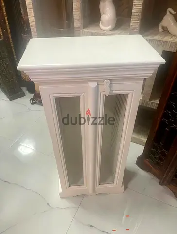 White Wooden Narrow Cabinet with Glass Paneled Doors - Compact Storage