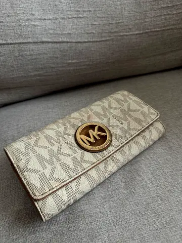 Beige Michael Kors Signature Trifold Wallet with Gold Logo