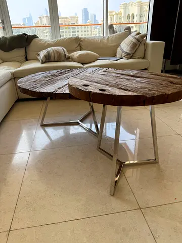 Set of 2 Rustic Round Wooden Coffee Tables with Metal Legs Marina Home