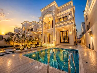 افخم فلل عجمان مع مسبح وحوش تصميم كلاسيك تكيف مركزي 6غرف نوم ماسترشامل رسوم التسجيل تملك حر لجميع الجنسيات