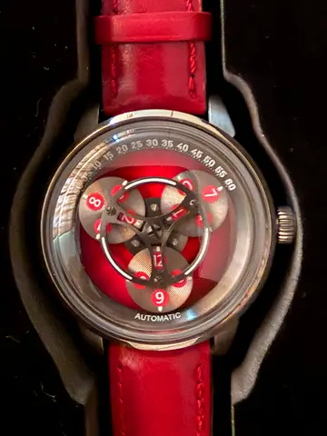 Limited of 100 Sevendunes Automatic Men's Red Strap Mechanical Watch with Unique Rotating Disc Dial