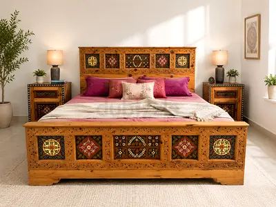 Handcrafted Solid Wood Bed Set with Traditional Hand-Painted