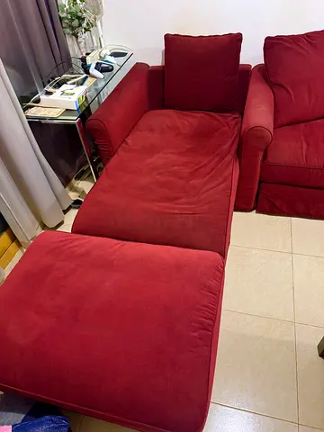 Maroon Fabric Sofa Set (3-Seater + Chair & Ottoman)