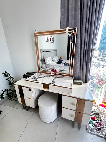 Modern dressing table with mirror, stool and storage - light wood/white