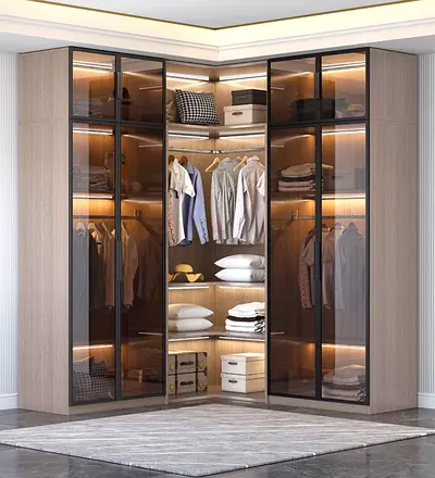 Modern Corner Wardrobe with Glass Doors and LED Lighting