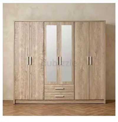 5‑Door Wooden Wardrobe with Mirrors and Drawers - Light Oak Finish