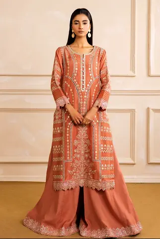 Maryum and Maria 2 piece luxury Embroidered Peach rawsilk Kurta with Sharara - large