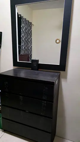 Black 4-Drawer Dresser with Matching Wall Mirror - Good Condition