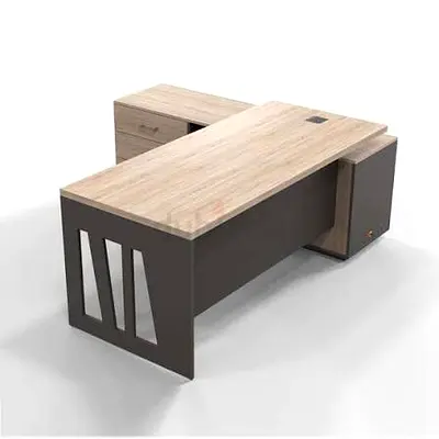 Modern L-shaped Executive Office Desk with Storage - Light Wood & Dark Base