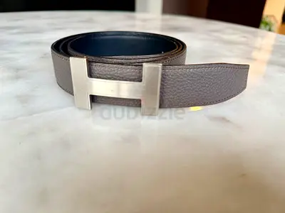 Classic Hermes-style H buckle leather belt - Grey/Black reversible - 120cm