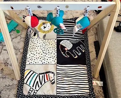 Wooden Baby Play Gym with Black & White Activity Mat and Hanging Toys