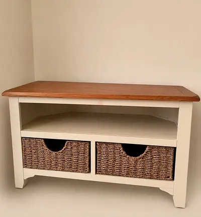 Small wooden console table with wicker drawers - cream and oak finish