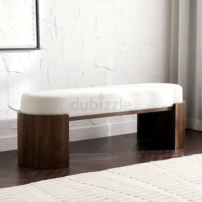 Wooden Bench with White Upholstered Seat - Modern Entryway Bench