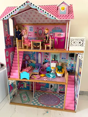 Large 3-Story Wooden Dollhouse with Furniture and Dolls - Good Condition