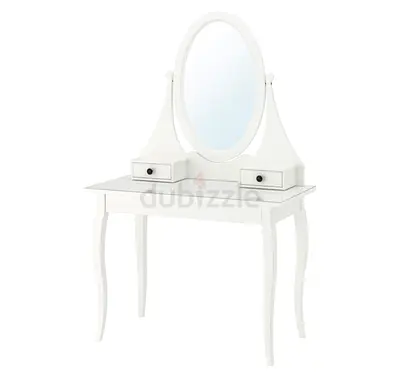 White Wooden Dressing Table with Oval Mirror and Drawers