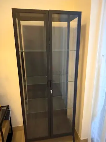 Tall Glass Display Cabinet from IKEA with Lock - Grey Metal Frame