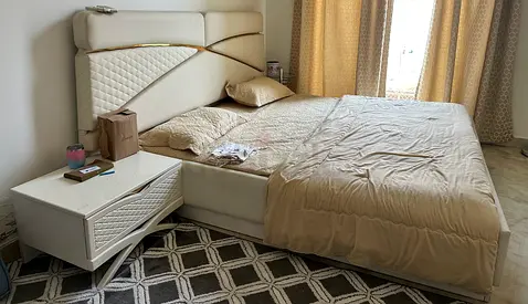 Bed King size with mattress and matching nightstand - beige, Pillows are Free 🤗