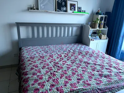 Grey Wooden Double Bed Frame with Slotted Headboard and 12-inch thick aura cooltech mattress