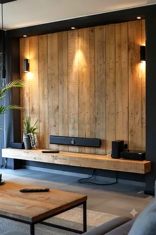 Custom reclaimed wood TV wall panel with floating media shelf