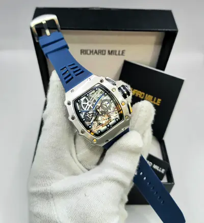 Richard Mille style skeleton men's watch with blue rubber strap