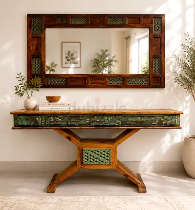 Solid Wood Artisan Console Table with Matching Mirror