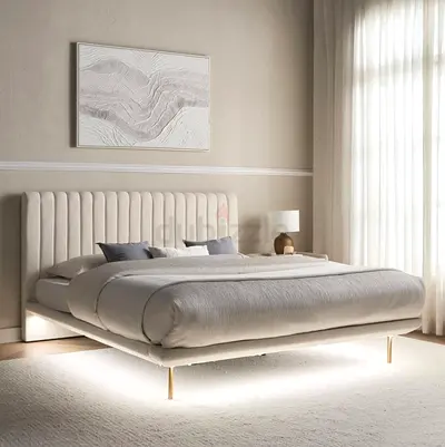 Modern upholstered queen bed with LED base - beige
