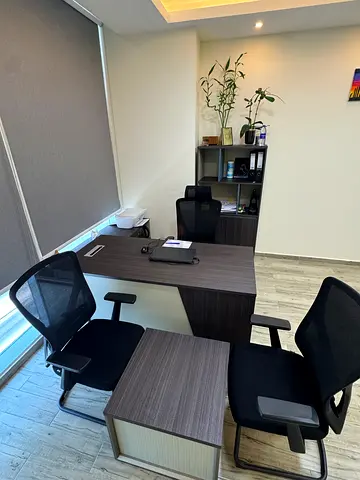 Modern executive office desk set with chairs and storage - dark wood finish