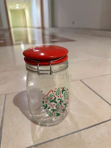 Glass airtight storage jar with clamp lid (red) - good condition