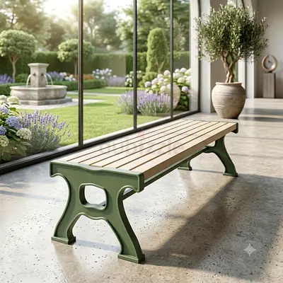 Wooden Slatted Bench with Green Frame - Indoor/Outdoor