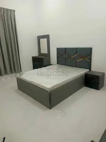Full bedroom set: bed frame with mattress, 2 bedside tables and dressing table (grey)