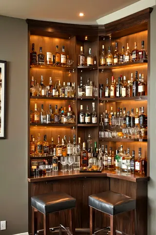 Corner home bar unit with built-in shelving and counter