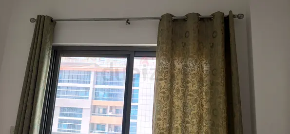 2 Pair of green patterned blackout curtains with curtain rod (ready to hang)