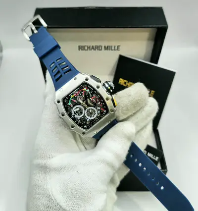Richard Mille-style Skeleton Chronograph Watch with Blue Rubber Strap