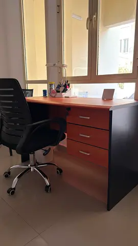 Wooden Office Desk with 3 Drawers and Black Finish with an office chair - Excellent Condition