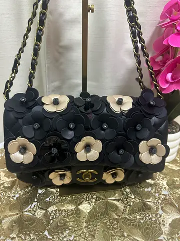 Authenticity not Guranteed Black Shoulder Chanel 3D Camellia Flap Bag,  and Chain Strap —Preloved